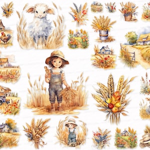 Cute Farmhouse PNG SVG Watercolor Clipart Set Vintage Clip Art Farmhouse Sublimation Digital Download  Commercial Stickers farm home grain
