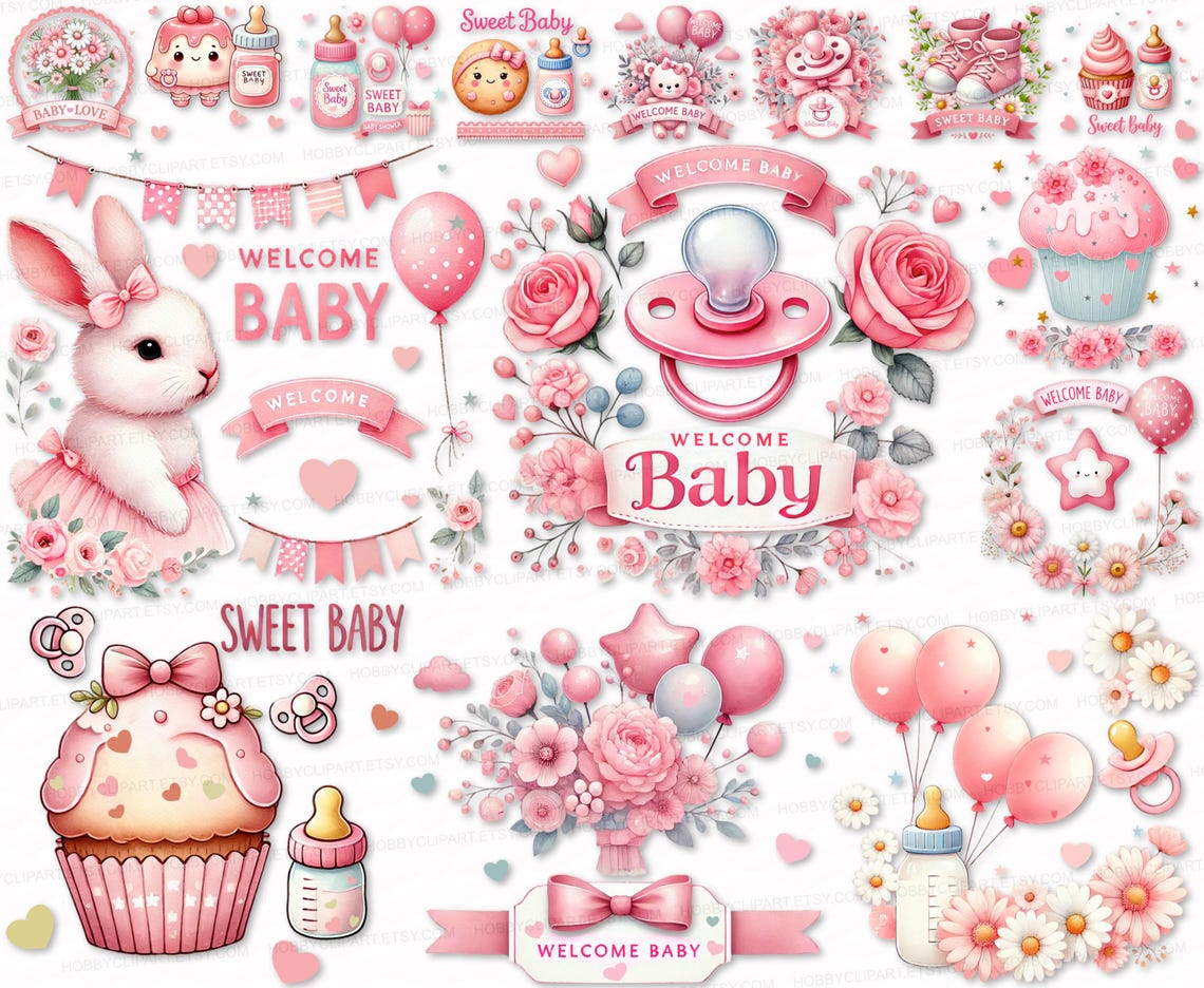 Watercolor Pink Baby Shower Clipart Set: 28 PNG SVG (digital Download ...