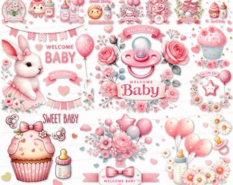 Watercolor Pink Baby Shower Clipart Set: 28 PNG SVG (Digital Download)
