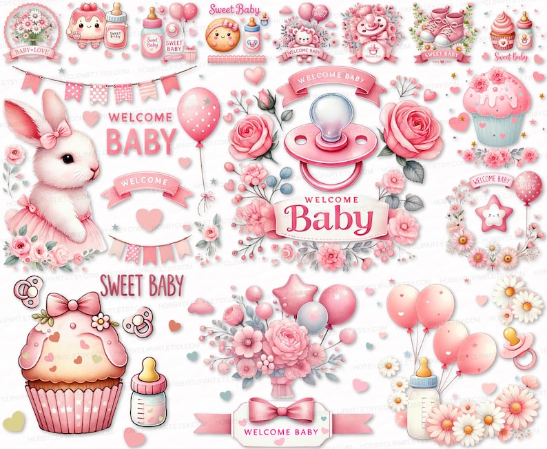 Watercolor Pink Baby Shower Clipart Set: 28 PNG SVG (digital Download ...