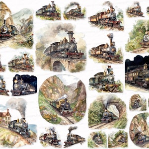 Vintage Train PNG SVG Watercolor Clipart Set Train Sublimation Digital Download Commercial Use Scrapbook Images Digital Railway, Locomotive