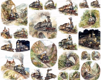 Vintage Train Watercolor Clipart Set: Railway, Locomotive (Digital Download)