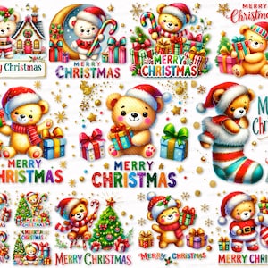 Christmas Teddy Bear Clipart Bundle for Download Watercolor Images Printables 17 PNG SVG   Transparent Background Cute Clipart