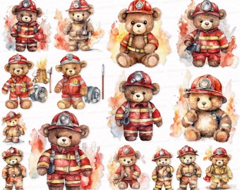 Teddy Bear Firefighter PNG SVG Watercolor Clipart Set Teddy Bear Sublimation Digital Download   Scrapbook Images Digital, cute