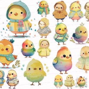 Puede incluir: Una colección de 20 pollitos de dibujos animados lindos que usan diferentes atuendos, que incluyen impermeables, suéteres y sombreros. Los pollitos son todos amarillos con ojos negros y picos. Todos están parados sobre un fondo blanco.