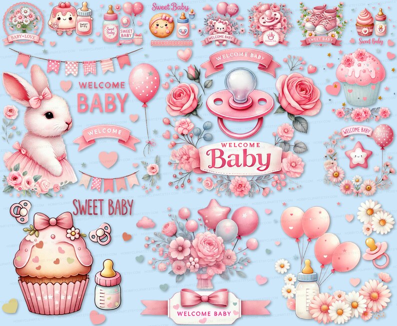 Watercolor Pink Baby Shower Clipart Set: 28 PNG SVG (digital Download ...