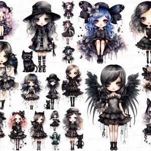 Little Gothic Girl PNG SVG Watercolor Clipart Set Gothic Girl Clip Art Gothic Sublimation Digital Download   Stickers Halloween