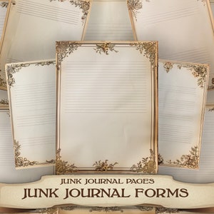 Könnte beinhalten: Ein Satz Vintage-Journal-Seiten mit verzierten Rändern und liniertem Papier. Die Seiten sind mit "Junk Journal Pages" und "Junk Journal Forms" beschriftet.