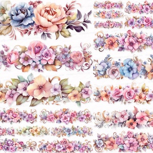 Horizontal Flower Border PNG SVG Watercolor Clipart Set Digital Download Commercial Use Scrapbook Images Flower Stickers