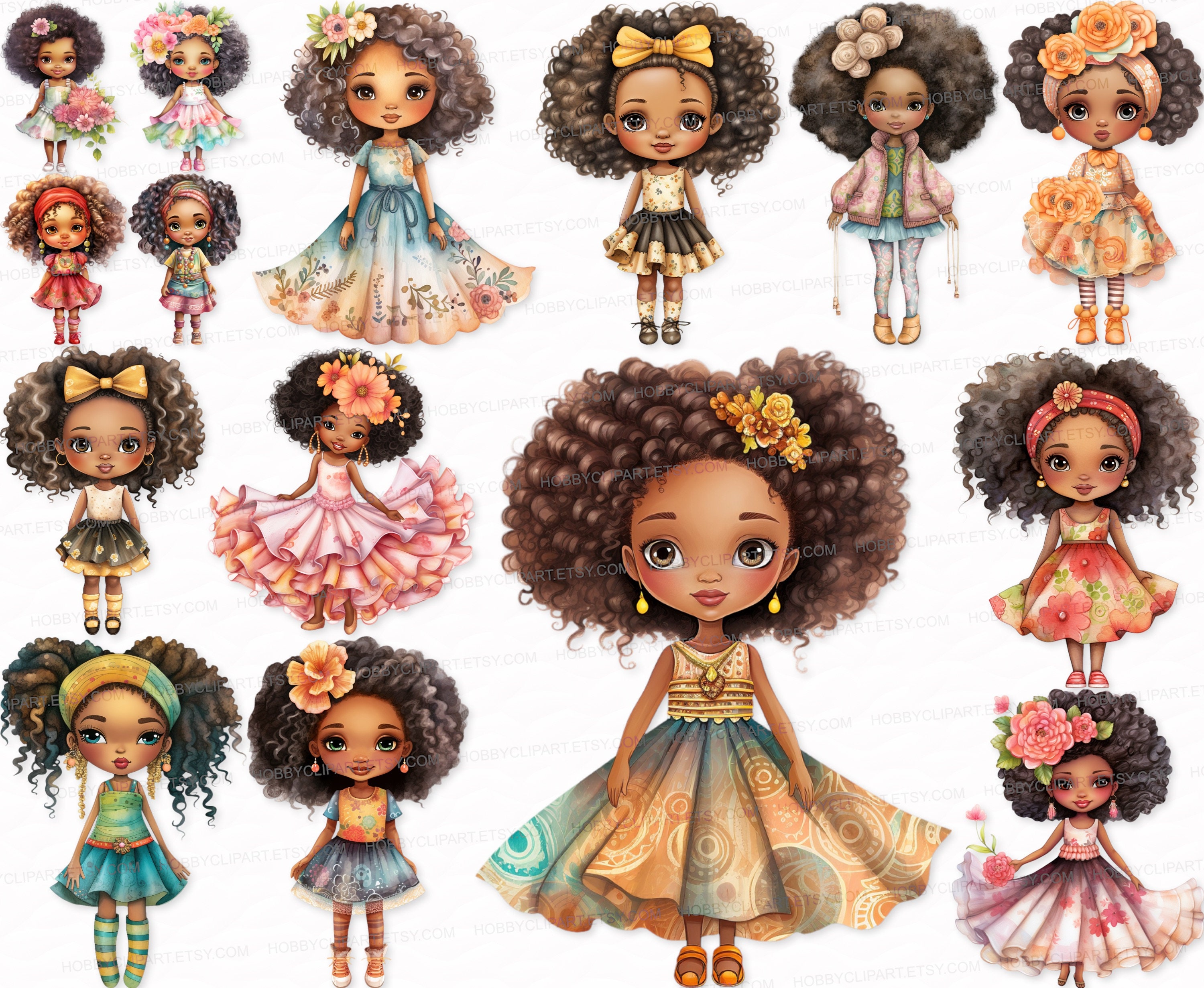 Watercolor African American Doll Clipart: 25 PNG SVG Bundle (digital  Download) - Etsy, image size:3000x2462