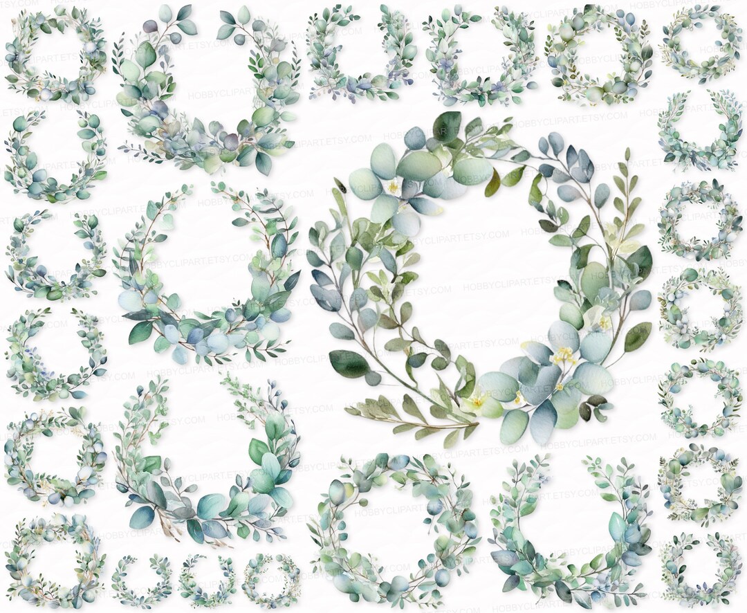 Eucalyptus Wreath PNG SVG Watercolor Clipart Set Wreath Sublimation ...
