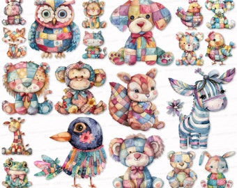 Animal Patchwork Clip Art Bundle 30 PNG SVG Watercolor Clipart Set Sticker Sublimation Design Digital Download Images Transparent Background