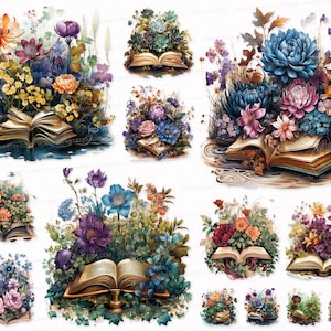 Flower Open Book Clipart Bundle 14 PNG SVG Printable Sublimation Designs Digital Download Images Transparent Background Flowers, floral,