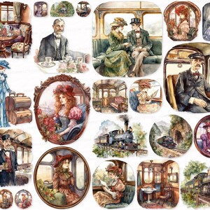 Vintage Train Travel PNG SVG Watercolor Clipart Set Train Sublimation Digital Download Commercial Use Scrapbook Images Digital, journey trip