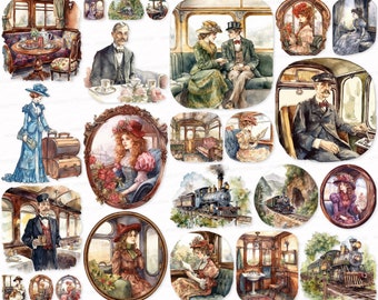 Vintage Train Travel Clipart Set: Watercolor PNG SVG (Digital Download)