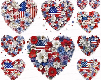 Floral hearts PNG SVG Independence day Patriotism photorealistic clipart vibrant colors USA flag patriotic flower Heart National flags Love