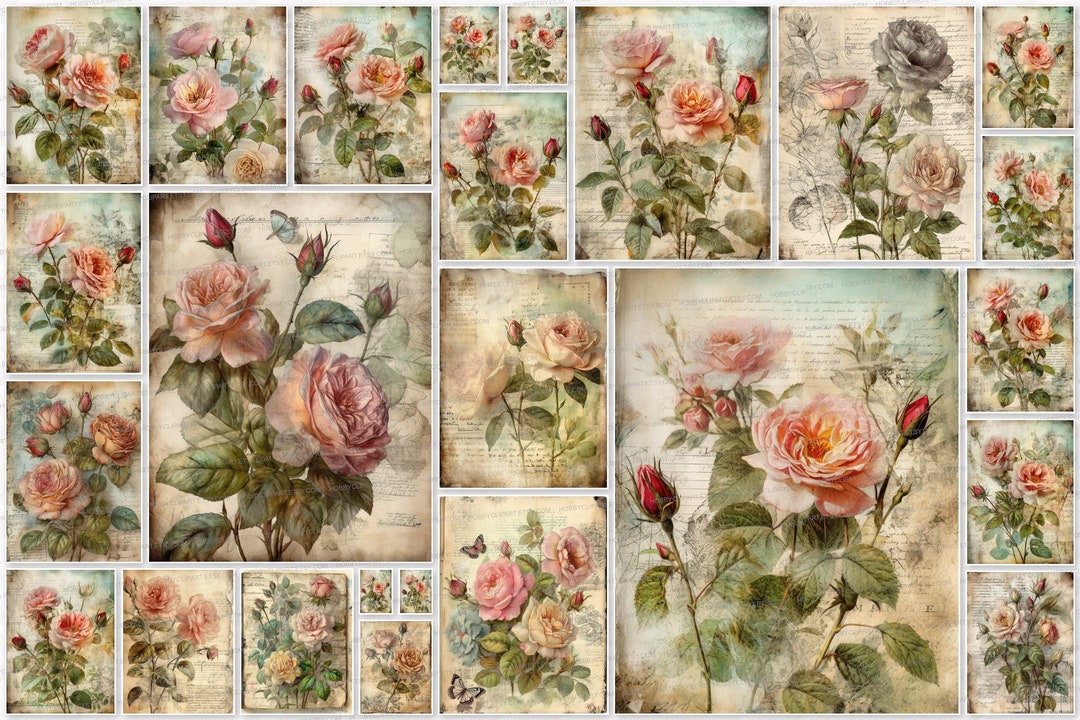 Watercolor Vintage Rose Digital Paper Set: Junk Journal Kit (digital ...