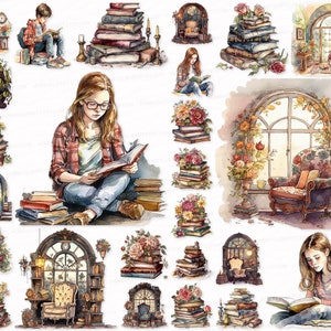 Book PNG SVG Watercolor Clipart Set Illustration Book Sublimation Digital Download Commercial Use Scrapbook Images books text library