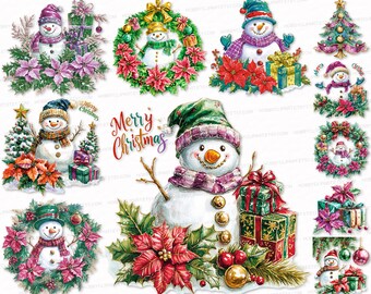 Watercolor Christmas Snowman Clipart: PNG SVG Files (27 Images)