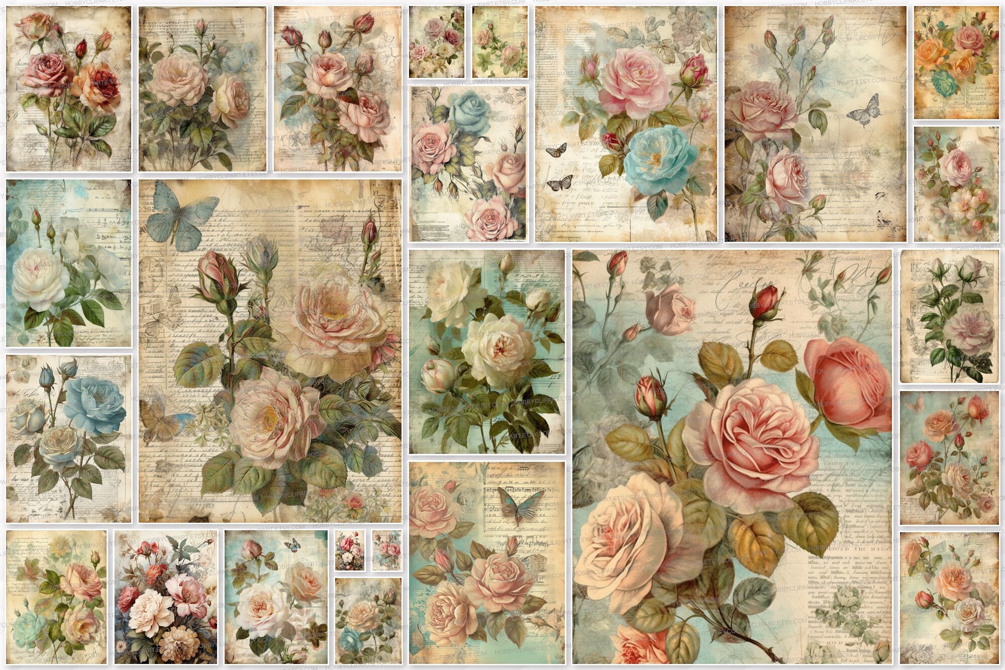 Watercolor Vintage Rose Digital Paper: Junk Journal Kit (digital ...