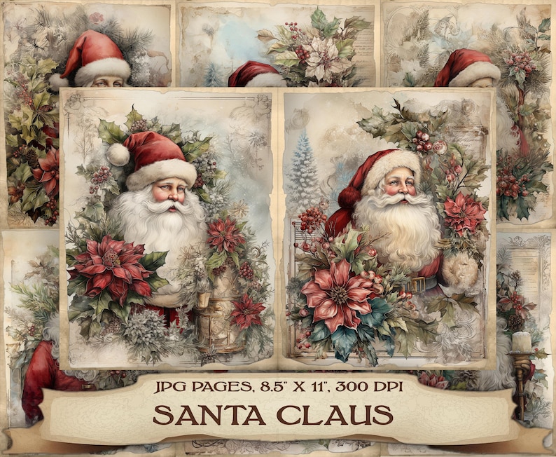 Vintage Santa Claus Christmas Cards: Watercolor Junk Journal Pages ...