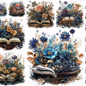Flower Open Book PNG SVG Clipart Set Vintage Flower Book Clip Art Book Sublimation Digital Download   Stickers Halloween Books