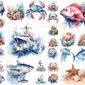 Sea PNG SVG Clipart Set Transparent Background Digital Download Commercial Use Sea Sublimation Digital Stickers Cute crab, fish, boat, ocean