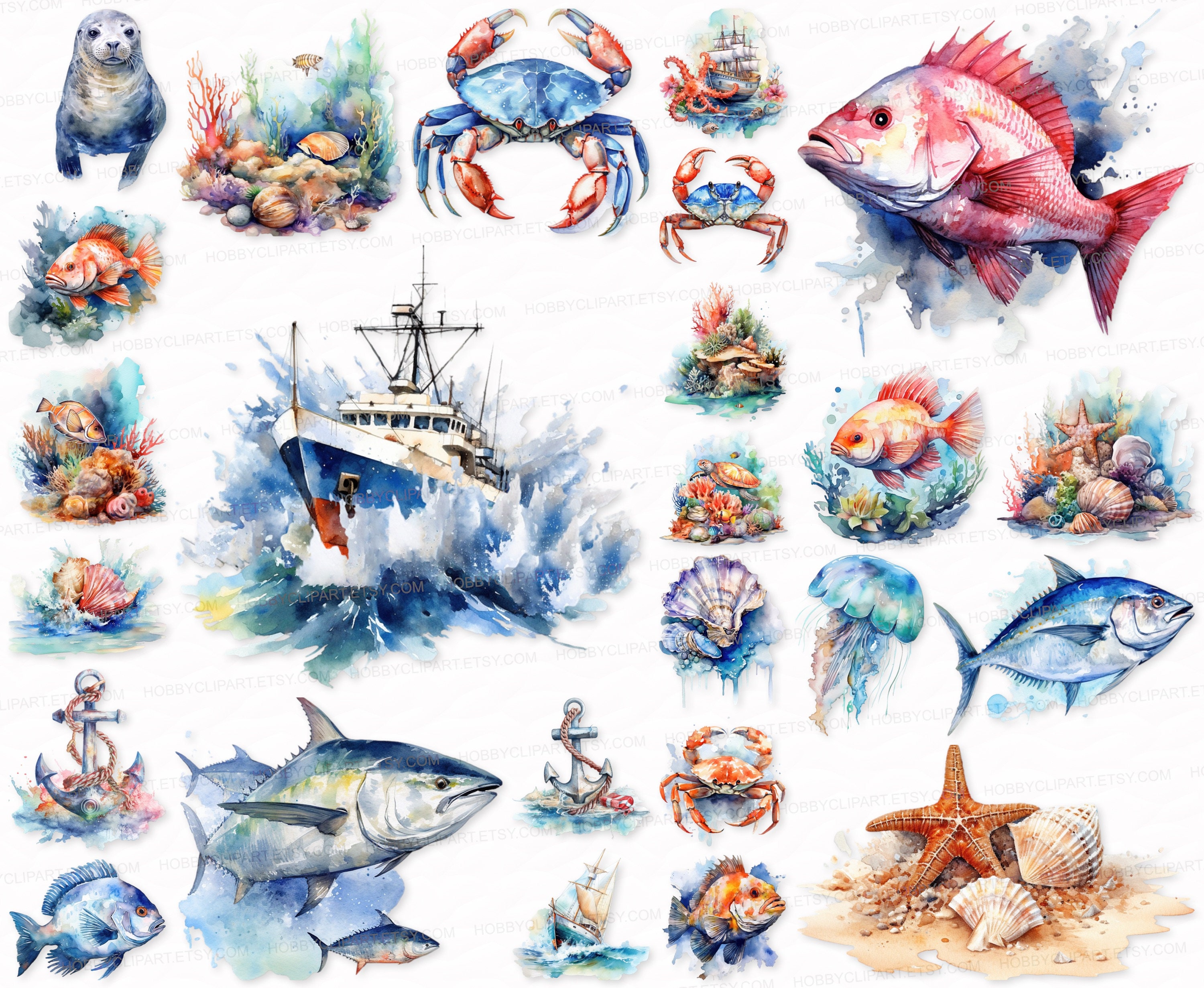 Sea PNG SVG Clipart Set Transparent Background Digital Download   Sea Sublimation Digital Stickers Cute crab, fish, boat, ocean