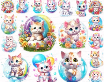 Colorful Kitten PNG SVG Watercolor Clipart Set Rainbow Kitten Clip Art Kitten Sublimation Digital Download   Stickers, Kitty