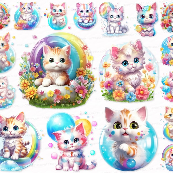 Colorful Kitten PNG SVG Watercolor Clipart Set Rainbow Kitten Clip Art Kitten Sublimation Digital Download Commercial Use Stickers, Kitty