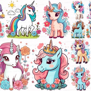 Colorful Unicorns Clipart Bundle 40 PNG SVG Sublimation Designs Digital Download Images Transparent Background   Horse Horses