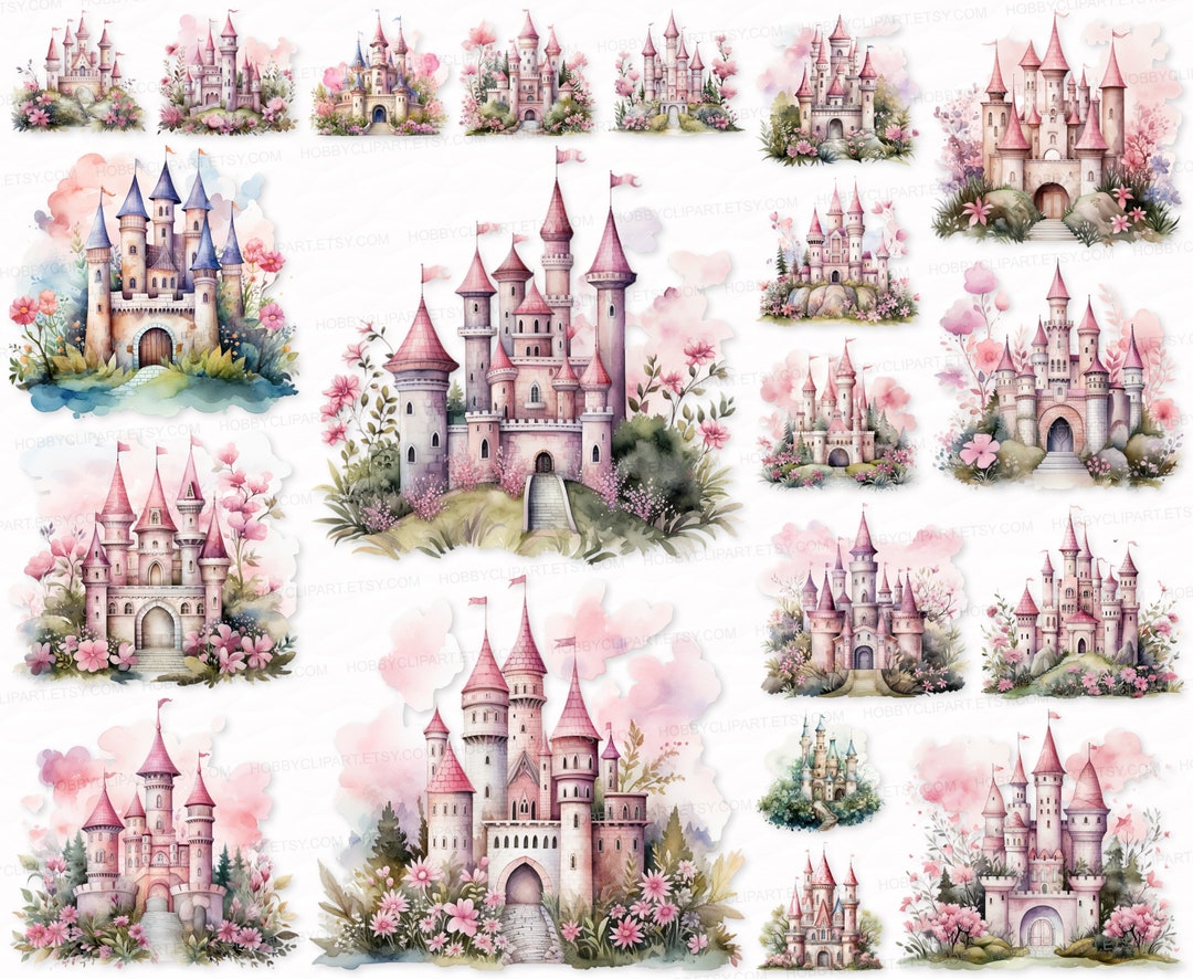 Princess Castle Clipart Set: Watercolor Fairytale Castles (PNG SVG ...