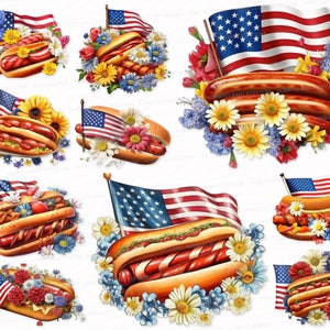 Hot Dog PNG SVG Independence day Patriotism photorealistic clipart vibrant colors USA flag patriotic Frankfurter Wiener Sausage, food