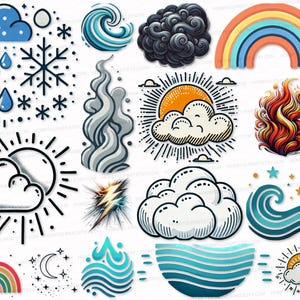 Puede incluir: Un conjunto de ilustraciones coloridas que representan los cuatro elementos: fuego, agua, tierra y aire. Las ilustraciones están dibujadas en un estilo de dibujos animados y presentan una variedad de colores y patrones.