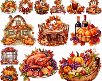 May include: A collection of watercolor illustrations featuring autumnal themes. Pumpkins, gourds, and fall foliage are prominent, alongside images of a Thanksgiving feast, a cozy cottage, and decorative arrangements.