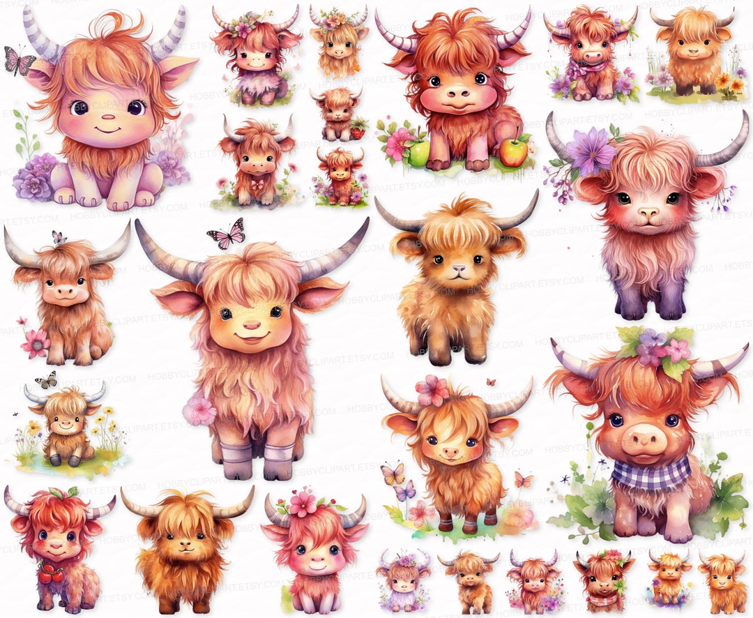 Baby Highland Cow PNG SVG Watercolor Clipart Set Baby Cow Clip Art Cow ...
