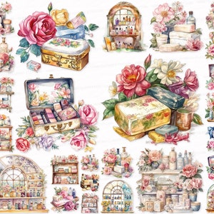 Bath Cosmetics PNG SVG Watercolor Clipart 26 Set Floral Vintage Clip Art Bath Cosmetics Sublimation Digital Download Commercial Use Makeup