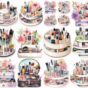 Cosmetic Organizer PNG SVG Bundle 25 Cute Clipart Illustration Junk Journal Kit Decor Digital Sublimation Makeup Skincare items