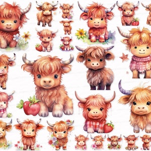 Calf Highland Baby Cows PNG SVG Watercolor 25 PNG Clipart Set Baby Cow Clip Art Cow Sublimation Digital Download   Stickers