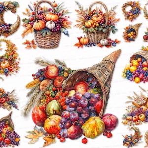 Cornucopia PNG SVG 24 Horn of Plenty Digital Clipart Watercolor Thanksgiving Printables Files Bundle Images with Harvest Thanksgiving Fructs