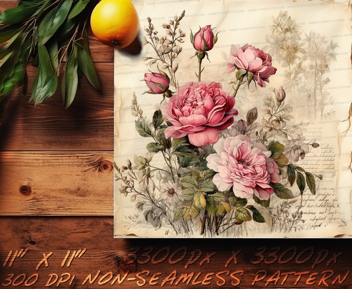 Watercolor Vintage Rose Digital Paper Set: Junk Journal Kit (digital ...
