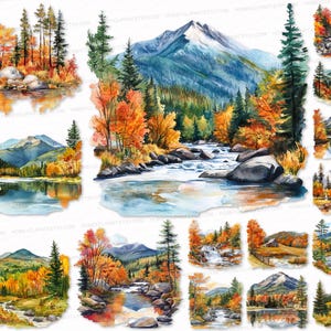 Watercolor Fall Landscape Clipart Bundle: Autumn PNG SVG Set