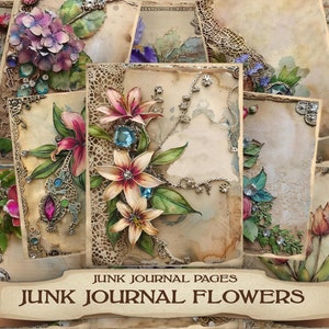 Watercolor Flowers Diamond Digital Junk Journal Pages 30 JPG PDF Printable Scrapbooking Vintage Craft Ephemera Paper Art Images for Journals