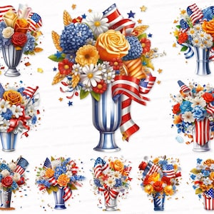 Flowers in vase PNG SVG Independence day Patriotism photorealistic clipart vibrant colors USA flag patriotic floral Blossoms Blooms vector