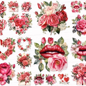 Happy Valentine's Day PNG SVG Bundle 25 Clipart Scrapbook Images Heart Love Letter Rose Bouquet Lips  Junk Journal Kit Digital Sublimation
