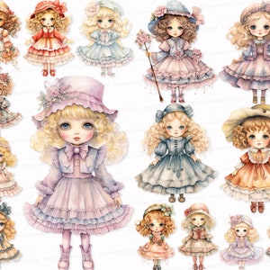 Vintage Doll PNG SVG Bundle Watercolor Clip Art 25 Clipart Sublimation Design Digital Instant Download Scrapbook Images   Girl