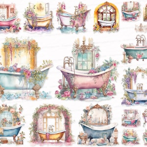 Flower Bathtub PNG SVG DIGITAL Watercolor Clipart Set Floral Vintage Clip Art Bathtubs Sublimation Digital Download Commercial Use floral