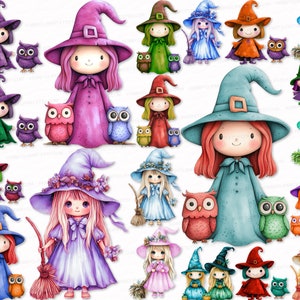 Cute Halloween Clipart Set 25 Baby Witch Watercolor Illustration PNG SVG Sublimation Design Digital Download Images Transparent Nice Gothic