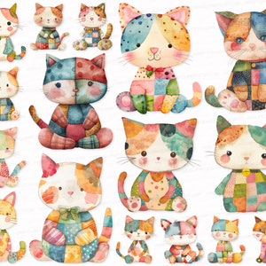 Puede incluir: Ilustraciones en acuarela de varios gatos patchwork en diferentes poses. Los gatos presentan una variedad de colores, incluyendo azul, naranja, rosa y verde. Cada gato tiene un diseño patchwork único, algunos con lazos o campanas.