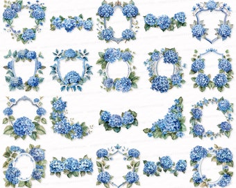 Hydrangea Clipart: Watercolor Flower Frames, Borders (PNG, SVG, EPS)